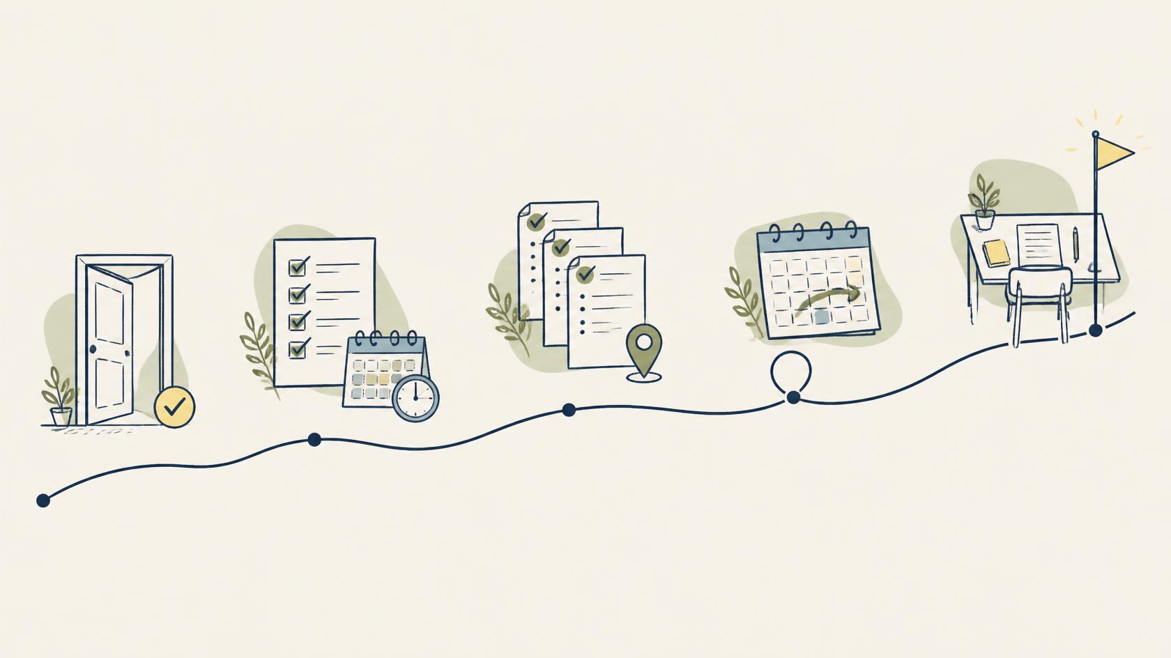 A hand-drawn route passing enrolment, a diagnostic and calendar, planned tests, a regenerated plan, and the exam desk.