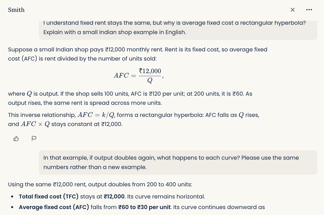 Example Smith conversation explaining average fixed cost with a small Indian shop example and a follow-up question.