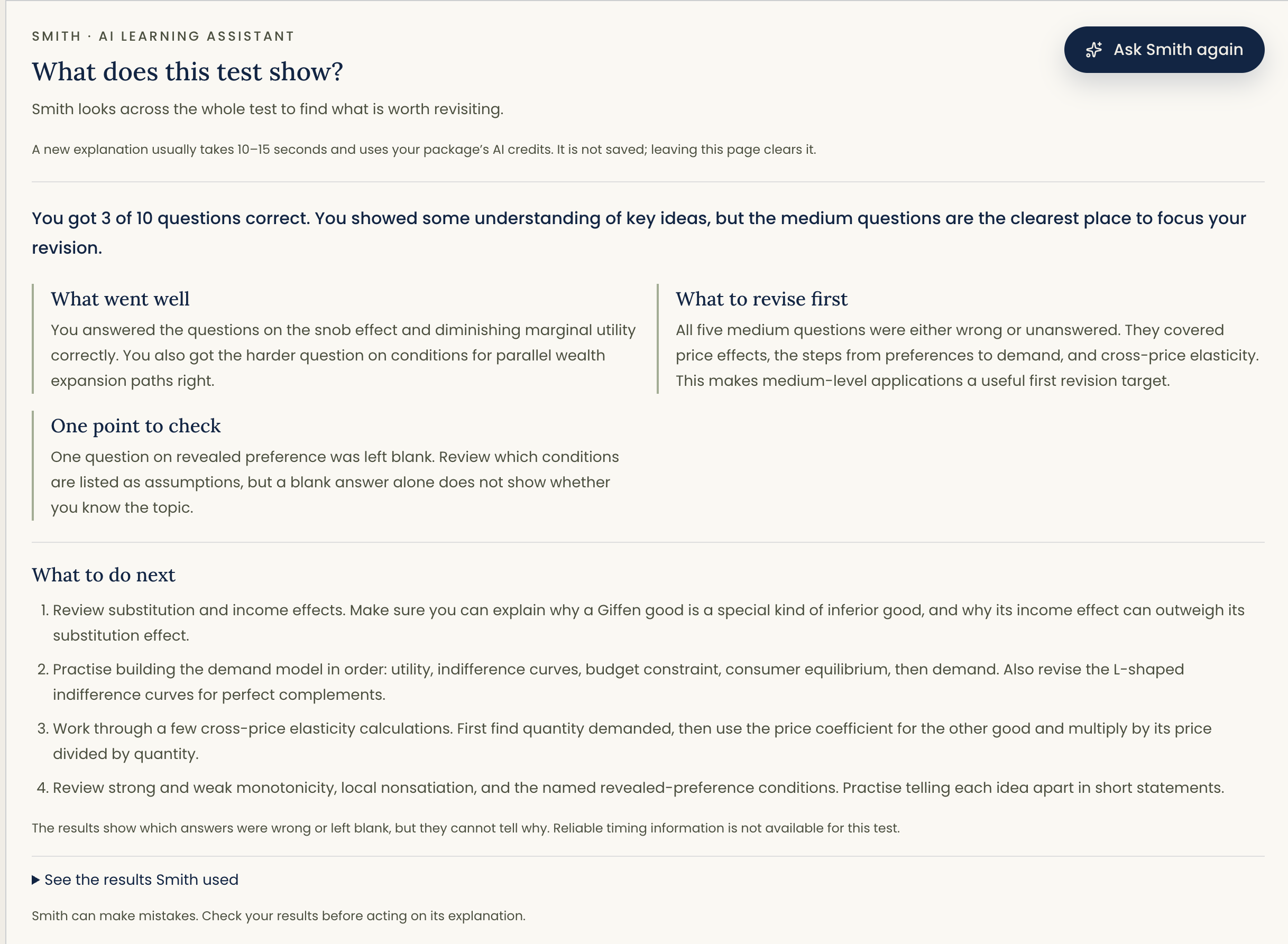 Example Smith test review showing strengths, revision priorities and practical next steps.